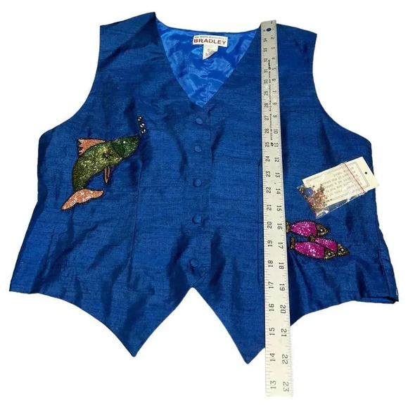 The World According to Bradley 80s Blue Silk Beaded Fish Vntg‎ Vest Size Medium - Picture 6 of 9